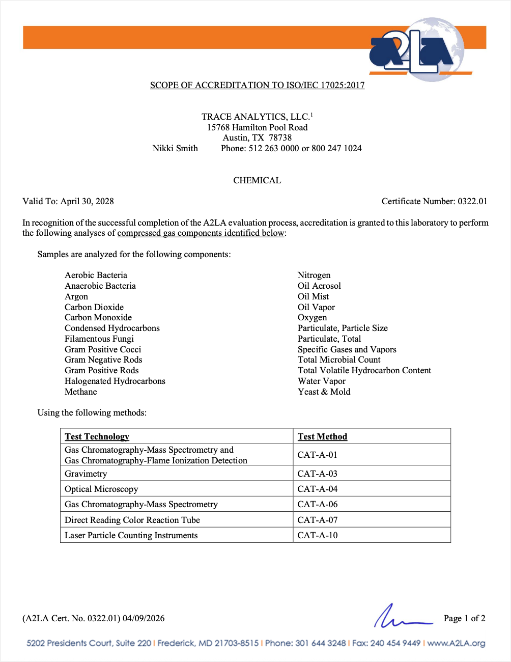 A2LA Certificate for Trace Analytics the compressed air testing lab